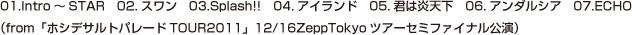 01.Intro～STAR　02.スワン　03.Splash!!　04.アイランド　05.君は炎天下　06.アンダルシア　07.ECHO （from「ホシデサルトパレードTOUR2011」12/16ZeppTokyoツアーセミファイナル公演）